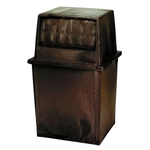 Picture of King Kan® Receptacle, general purpose waste, with 9" x 16" top hinged doors, 50-gallon capacity, 40-1/2" x 23-3/4" x 23-3/4", made of engineered resins, brown