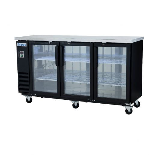 Picture of Empura E-KBB72-3G-24 72" Three Glass Door Refrigerated Back Bar Storage Cabinet, Black Exterior with Stainless Steel Top - 20.8 Cu Ft