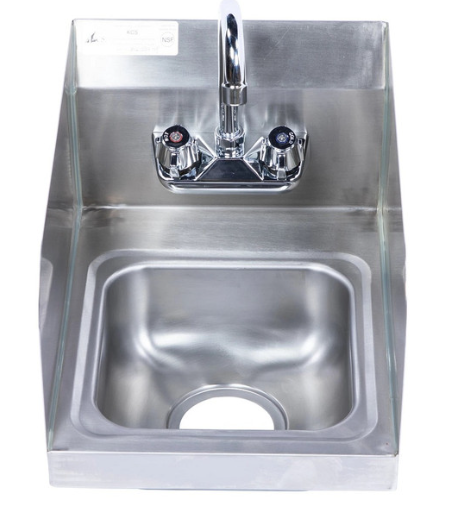 Picture of Hand sink, wall mount, 12"W OA, 9" X 9" X 5"D bowl, R/L side splashes, splash mount gooseneck faucet